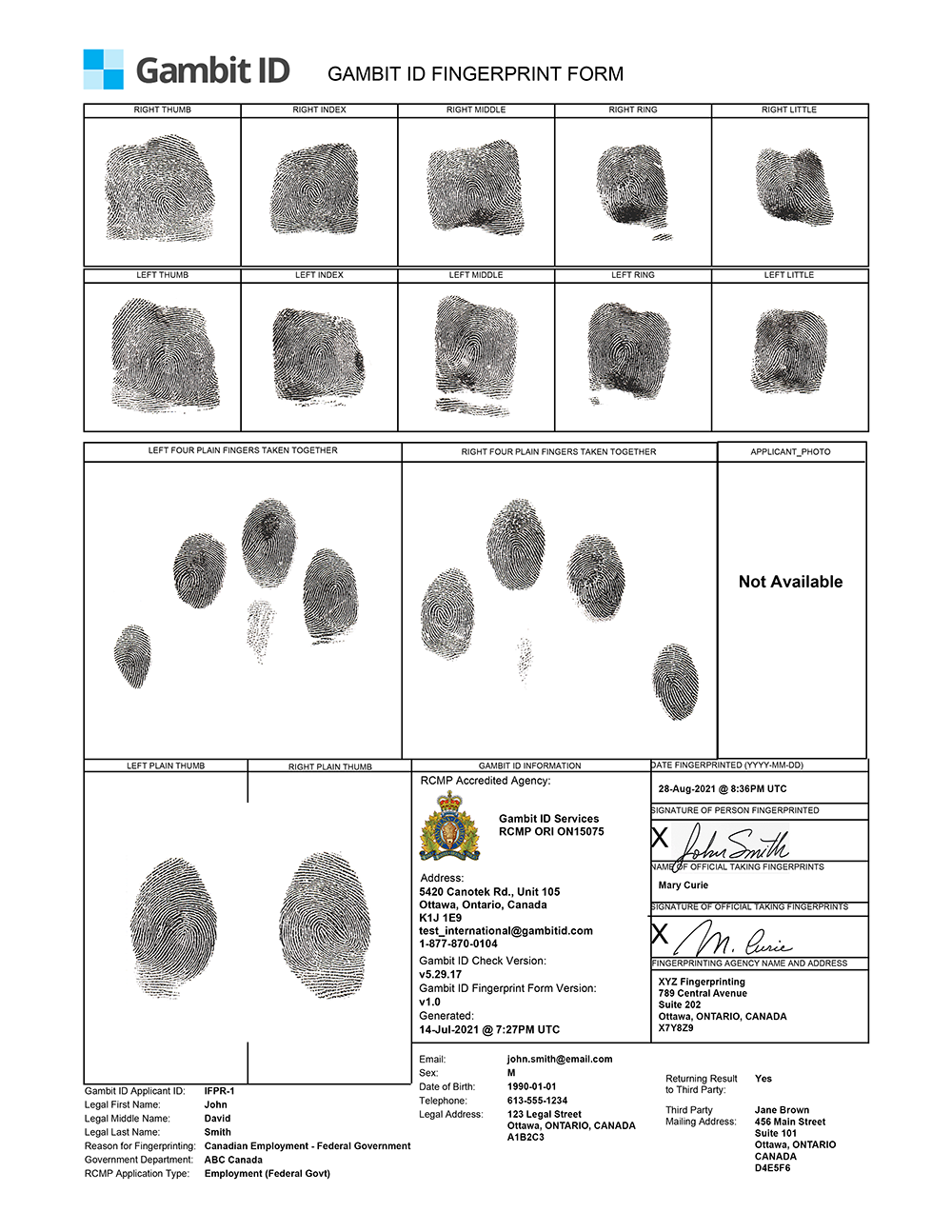 Gambit ID fingerprint form example